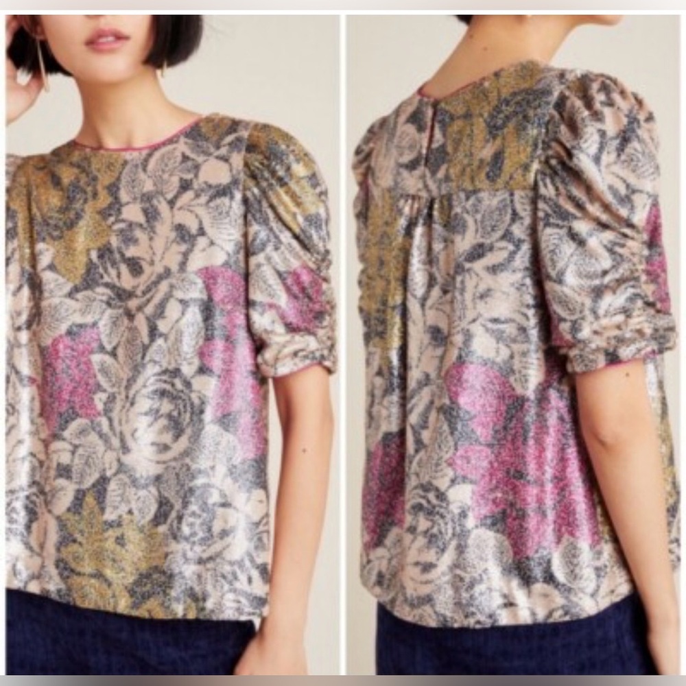 ANTHROPOLOGIE Marie Floral Sequin Blouse Top Size 10 Short Puff Sleeve NWT